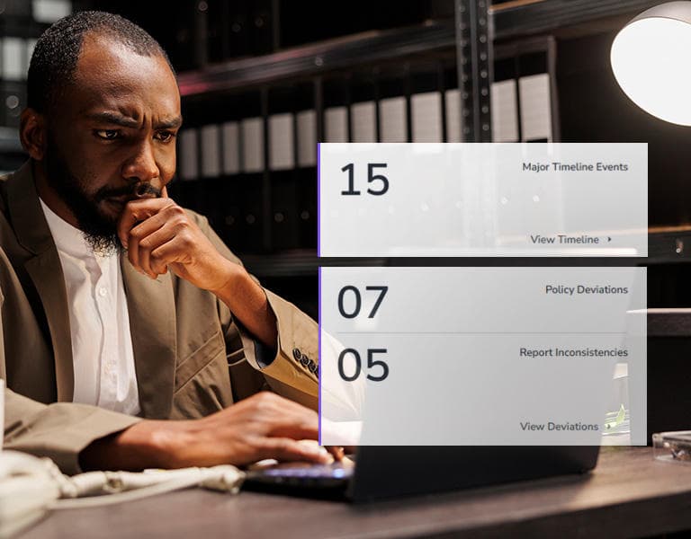 Man analyzing files on a laptop. Pop-up box shows results of gap analysis using Veritone Assess.
